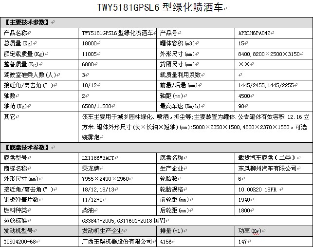 國六東風柳汽15方灑水車整車技術參數 國六東風柳汽15方灑水車整車技術參數